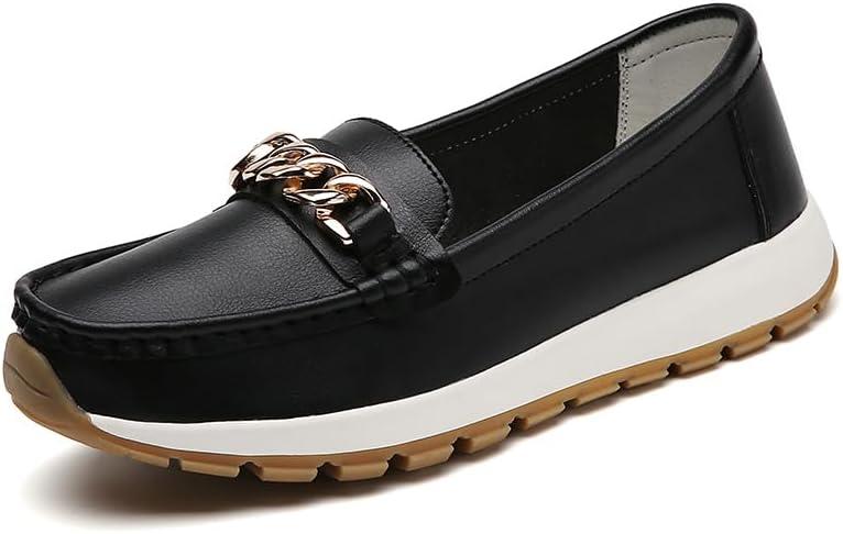 Women's Leather Chain Loafers, Comfort Platform Moccasins, Slip-on Driving Shoes, Multiple Colors (8.5, Black Out)