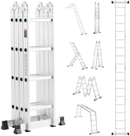 VEVOR Multi-Purpose Folding Ladder, 7-in-1 Tall Extension Step Ladder, A Frame 4 Step Telescoping Ladder, 15.5ft Reach Height Heavy Duty Adjustable Ladder, 330 lbs Capacity for Home Outdoor