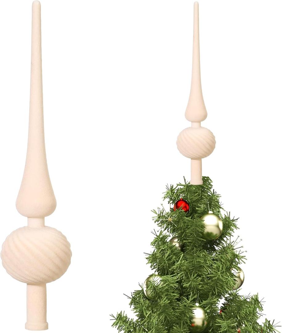 Sumind 11 Inch Beige Velvet Finial Christmas Tree Topper Vintage Spherical Tree Topper Velvet Finial Mid Century Christmas Ornament for Home Xmas Holiday Party Decorations