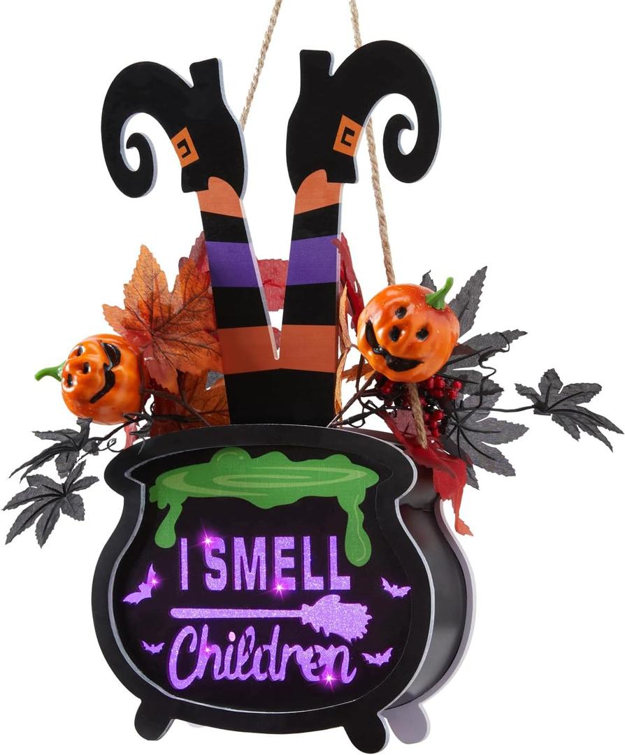 Lighted Halloween I Smell Children Hanging Sign Decoration, Door Hangers Wreath Decoration with Led Lights, 2AA Battery Operated Halloween Decor for Indoor Home Outdoor Front Door