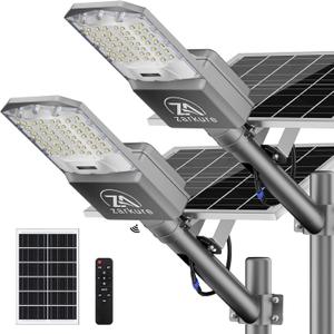 9500W Solar Street Lights Outdoor, 2PCS 40000mAh IP67 Waterproof Solar Security Flood Lights 7000K 450000LM Bright LED Beads Commercial Parking Light with Remote Control for Street, Court, Barn-Gray