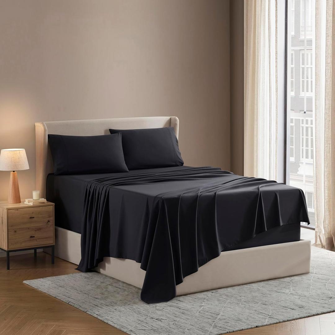 Nestl Full XL Sheet Set - Luxury 1800 Ultra-Soft Microfiber Full Extra Long Bed Sheets - Double Brushed - Deep Pockets - Easy Fit - 4 Piece Set - Bedding Sheets & Pillowcases (Full XL, Black)