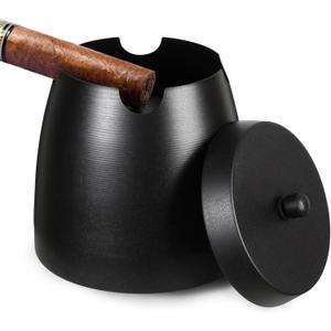 Cigar Ashtray with Lid for Outdoors Indoors Outside Patio Home Black Decor,Large Holder Ash tray Windproof,Cigar Accessories Gift for Men Dad Husband Boyfriend (Large)