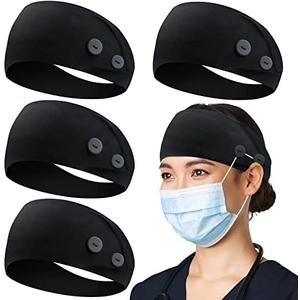 ABAMERICA Headbands with Button for Mask, Wide Nurses Headbands Non Slip Elastic Ear Protection for Women Men Doctors Sweatband Headband 4 Pack