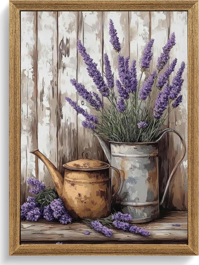 2Pcs FWAHREN Vintage Lavender Flower Framed Canvas Wall Art, Modern Farmhouse Pictures Prints Artwork, Rustic Cottage Country Floral Paintings Wall Decor for Living Room Bedroom Bathroom Kitchen, 12x16in