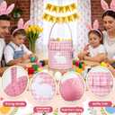 2 Pack Easter Basket with Bunny Name Tags Pink Purple Gingham Fabric with Embroidered Bunny Pattern Bucket with Handle and Ruffle Trim Reusable Rabbit Gift Bag for Easter Eggs Hunt Decorations