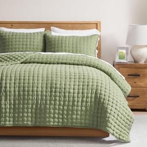 Green Twin Size Quilt Bedding Sets with Pillow Sham, Dark Sage Olive Lightweight Soft Bedspread Coverlet, Quilted Blanket Thin Comforter Bed Cover, All Season Summer Spring, 2 Pieces, 68x90 inches