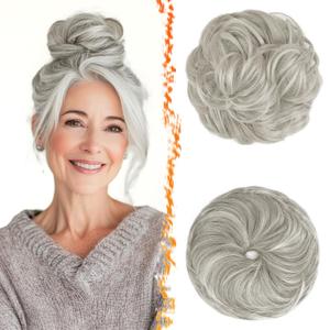 BARSDAR 2 PCS Grey Messy Bun Hair Pieces - Elastic Gray Messy Bun Scrunchies for Women - Soft Synthetic Thick Fluffy Salt and Pepper Donut Updo Light Grey Chignons Hairpieces Hair Extensions Daily