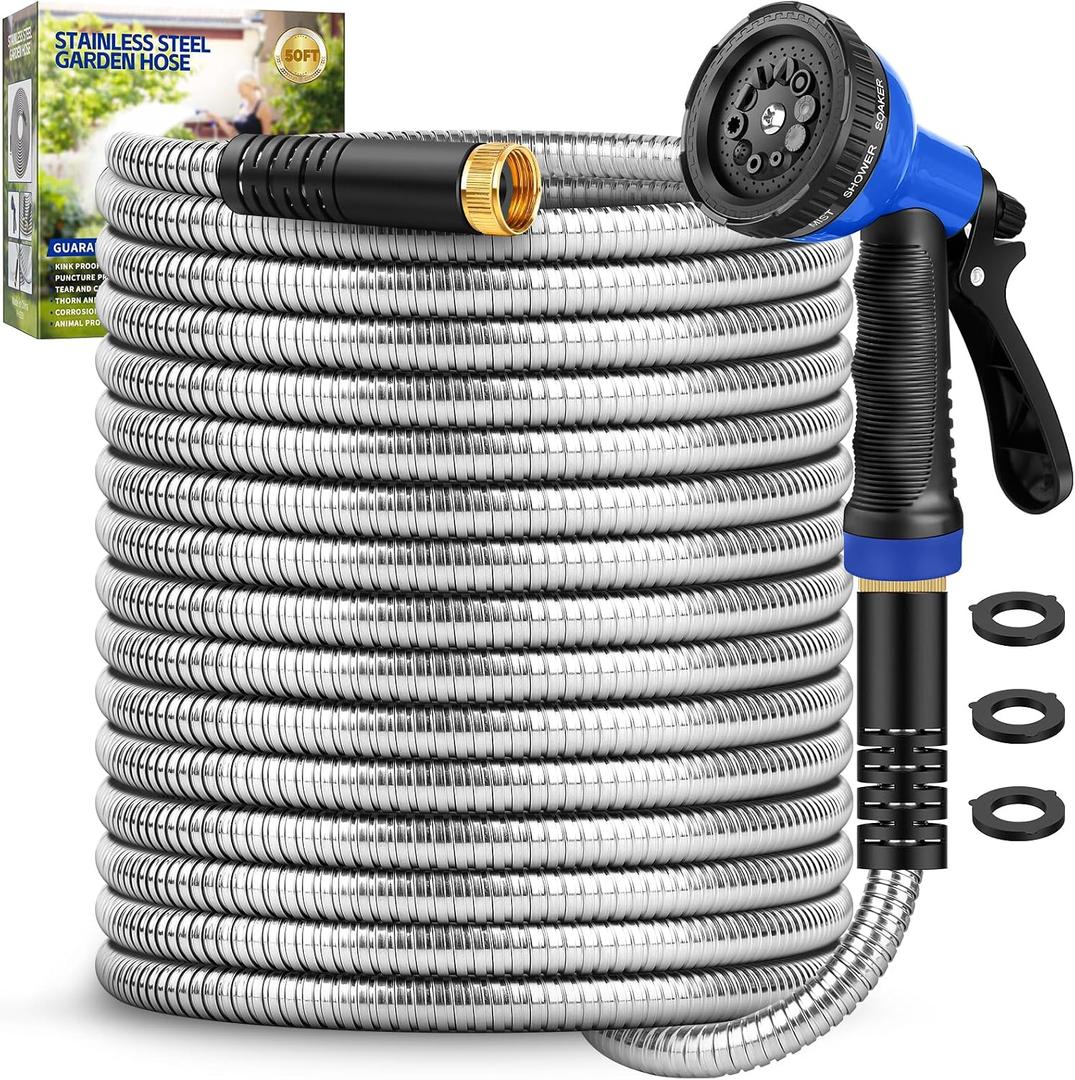 Garden Hose 50 ft, Heavy Duty Stainless Steel Metal Hose, Flexible Water Hose with 10 Function Nozzles, Kink Free, Leak-Proof, Easy to Use and Store for Outdoor, Yard, Lawn, RV, Car Wash