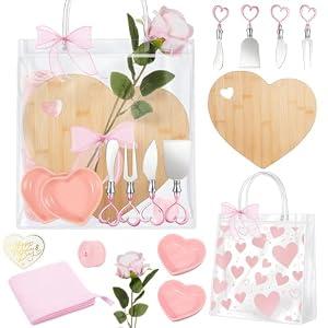 Acellegic 13 Pcs Large Valentine's Day Heart Shaped Charcuterie Board and Serving Set, 11 Inch Heart Cheese Cutting Board Pink Kitchen Ceramic Bowl Utensils Towel Gifts for Wedding Bridal Baby Shower