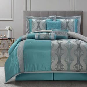 King Comforter Set, Blue, 7 Pieces in a Bag, Ultra Soft Jacquard with Solid Piecework, Luxury Bed Set with Comforters, Bed Skirt, Pillow Shams and Decorative Pillows