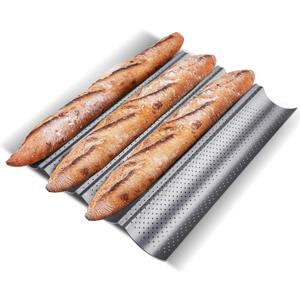 KITESSENSU Nonstick Baguette Pans for French Bread Baking, Perforated 4 Loaves Baguettes Bakery Tray, 15" x 13", Silver