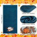 3 Pcs Fall Thanksgiving Hand Towels Embroidered Pumpkin Maple Leaf Bathroom Towels for Fall Bathroom Kitchen Decor Thanksgiving Gift, 29.5 x 13.8 Inch(Dark Blue, Light Blue, White)