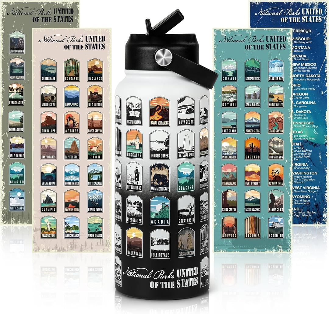 National Parks Water Bottle with Stickers | 32oz Leakproof Insulated Stainless Steel with Straw | Perfect for Hiking, Camping & Travel (White-Black)