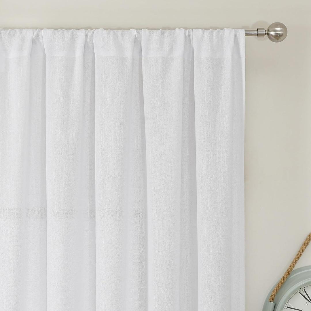 Simplebrand White Short Faux Linen Textured Cafe Kitchen Curtains 36 Inch Length 2 Panels, Over Sink Semi Sheer Farmhouse Light Filtering Panels Rod Pocket Drapes for Bathroom Window, 40 x 36 Inch