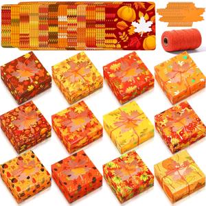 Blulu 60 Sets Thanksgiving Bakery Boxes Bulk with Window 5x5x3 Inch Fall Food Containers Gifts Boxes with Maple Tags and Rope for Fall Holiday Cookie Cupcake Goodie Candy Treat Package Party Favors
