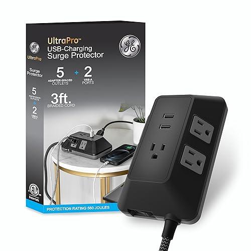 GE UltraPro Adapt 5-Outlet Surge Protector with USB Ports, 2 USB-A Ports, 2.4A, 3ft Braided Cord Power Strip Surge Protector, 560 Joules, Black, 73777