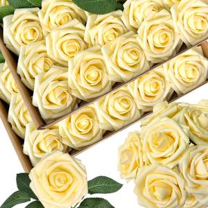 50pcs Artificial Flowers Light Yellow Foam Fake Rose with Stems 12 Leaves Real Looking Faux Roses Wedding Bouquets Bridal Shower Centerpieces Arrangements Party Tables Decorations DIY Creamy Yellow