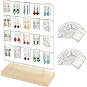 Earring Display Stand for Selling, Wood Earring Rack Display Holder Stand, 4 Tier 20 Hooks Jewelry Display for Selling with 40pcs Earring Cards, Bracelets, Rings, Necklaces