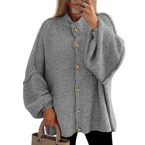 PRETTYGARDEN Women's Winter Button Down Cardigan Sweaters Mock Neck Lantern Long Sleeve Chunky Knit Jacket Trendy Outerwear, M