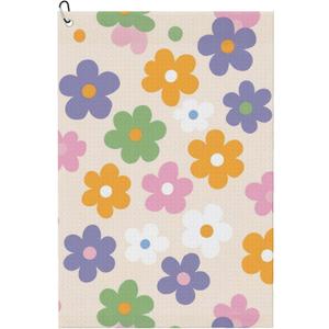 Cute Floral Golf Towel with Carabiner Clip 24"x16" Flower Ladies Golf Towels for Golf Bags Microfiber Waffle Golf Rag for Disc Balls Clubs Accessories for Women Men Girls