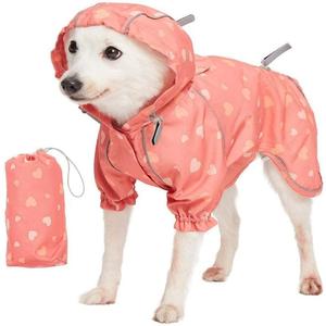 Blueberry Pet 10" Heart Prints Lightweight Reflective Waterproof Dog Raincoat with Hood & Harness Hole, Pink, Outdoor Rain Gear Jacket 2 Legs for Small Dogs