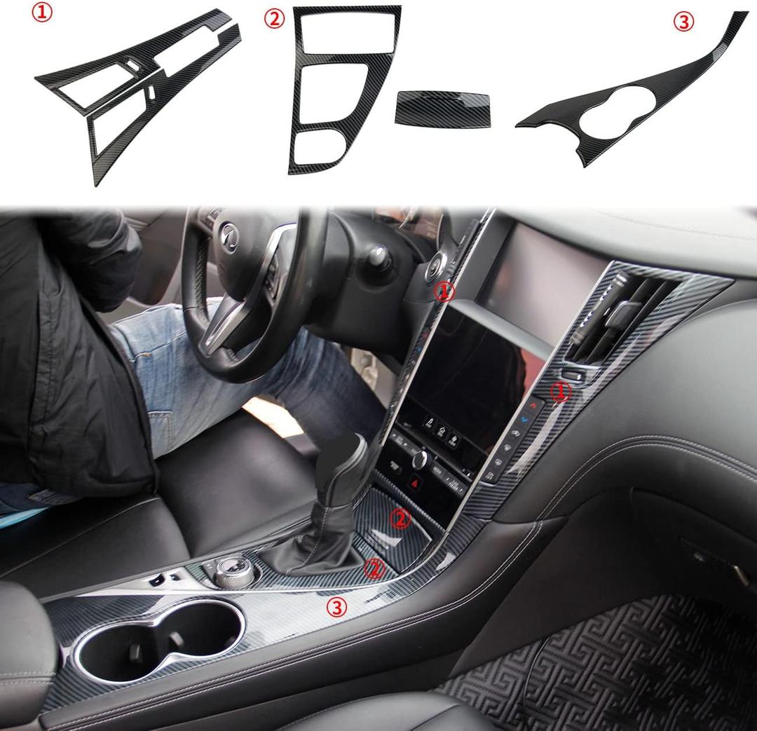 Carbon Fiber Center Console Dashboard Air Vent Gear Cup Holder Panel Cover Trim for Infiniti Q50 Q60 2014-2024