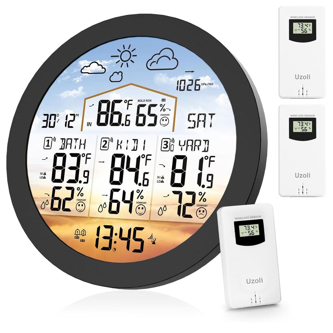 Uzoli EM3567 6.7" Round Wireless Weather Station with 3 Sensors Color Display Home Weather Stations Indoor Outdoor Thermometer with Atomic Clock Temperature Humidity Weather Forecast (Black1)