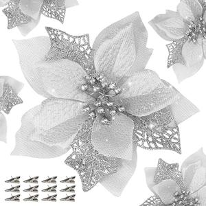 KI Store Dark Green Christmas Poinsettia Flower Set of 6 Large Artificial Velvet Magnolia Flower Picks Stems for Xmas Tree Decorations