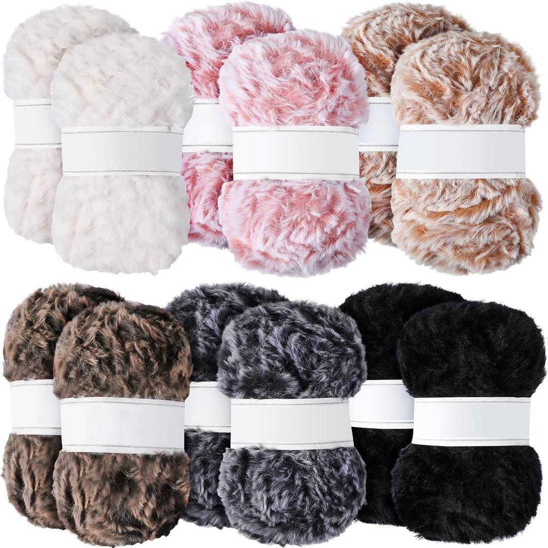 Timgle 12 Skeins Faux Fur Yarn Soft Chunky Fluffy Fuzzy Fur Yarn for Crocheting Knitting Projects, Total Length 12 x 32m (6 Colors)