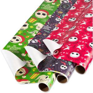 American Greetings Nightmare Before Christmas Christmas Wrapping Paper Rolls, Black and Red Holiday Gift Wrap (105 sq. ft., 3 Rolls-30 in. x 14 ft., Cut Lines) Jack Skellington, Oogie Boogie, Cosmo