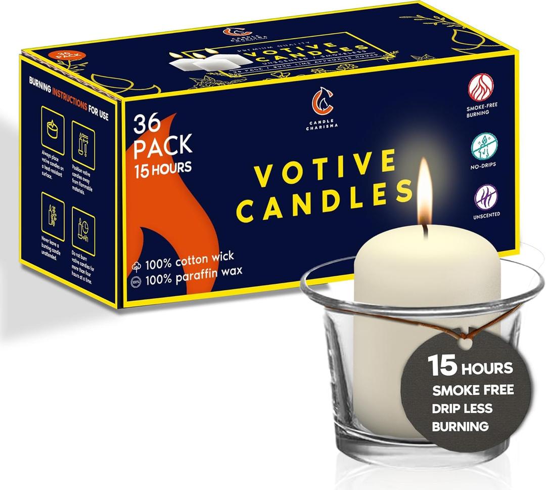 Candle Charisma Ivory Unscented Votive Candles - 15 Hour Burn time - Set of 36 for Dinner, Wedding, Halloween and Holiday Decorations