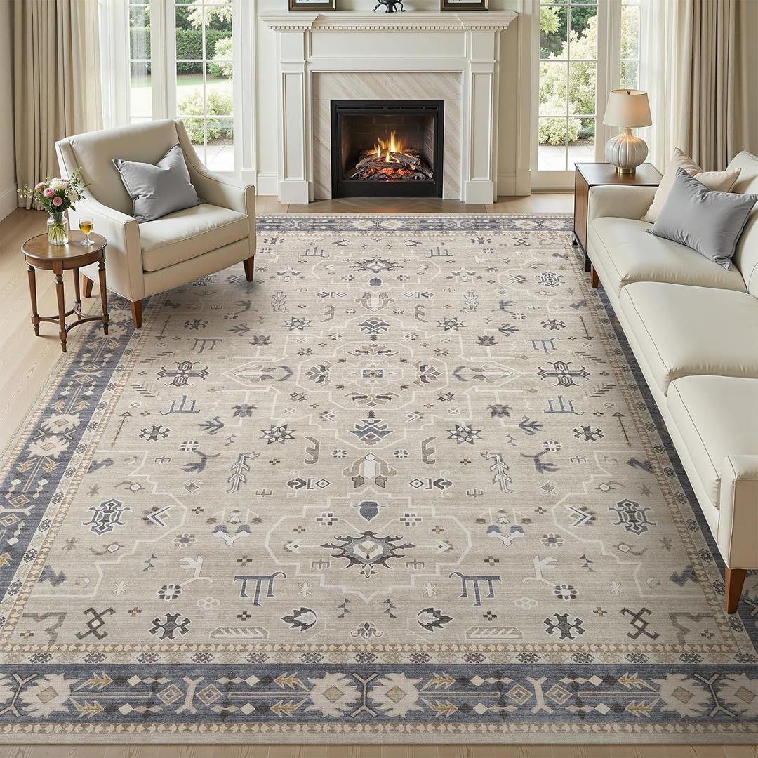 WITSHOCK 8x10 Area Rugs for Living Room, Washable Non Slip Rugs for Bedroom Dining Room Office, Soft Low Pile Stain Resistant Oriental Distressed Vintage Carpet for Farmhouse Home Decor - Beige&Gray