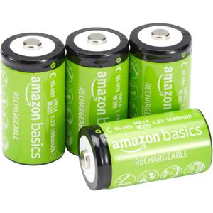 Amazon Basics Rechargeable C Cell Batteries, 4-Pack, NiMH, 5000 mAh, Recharge up to 1000x Times, Pre-Charged