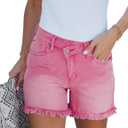 luvamia Jean Shorts for Women Mid Rise Trendy Stretchy Crossover Waist Denim Shorts Raw Hem Casual Summer Pockets, M