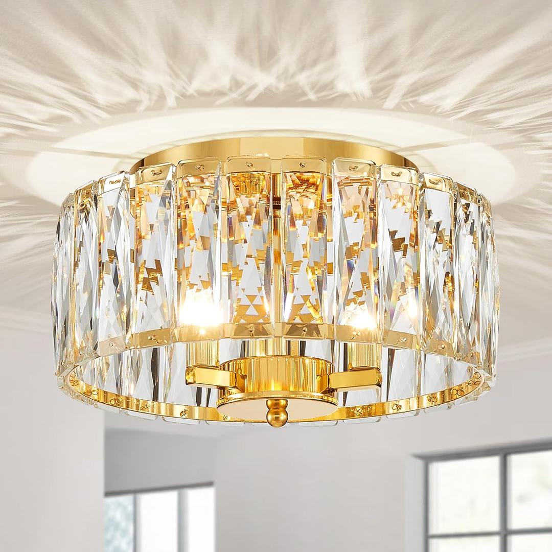 Gold Ceiling Light, Suitable Flush Mount Ceiling Light for Living Room, Dinning Room Hallway, D11.8''  H6.1'', 3 G9 Sockets, Gold Finish Frame & K9 Crystal