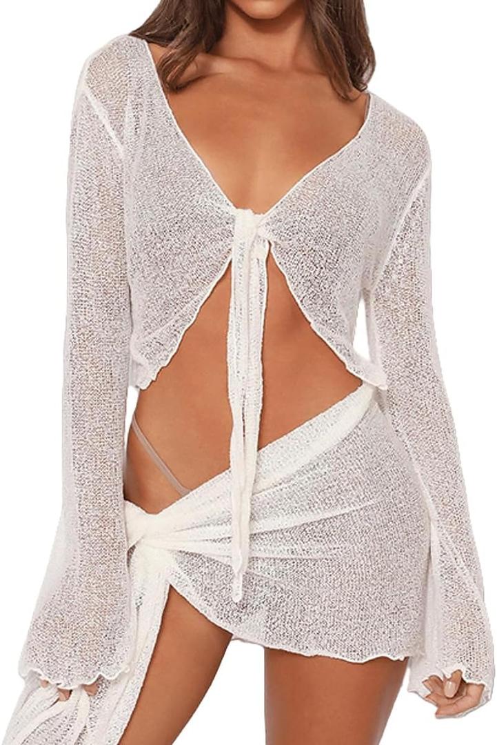 MAKABO Women's Swimsuits Cover Ups Set for Crochet Sheer Hawaii Sexy 2 Piece Bikini Coverup Beach Swimwear (M)