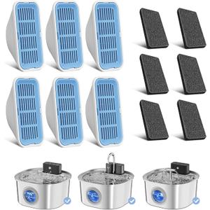 Voluas Replacement Cat Water Fountain Filters, 6 Filters and 6 Pre-Filter Sponges for 108oz/3.2L Stainless Steel Pet Water Fountain 309A/309B/309C
