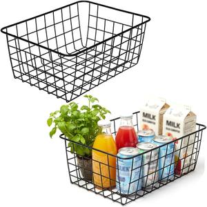 Kitchen Wire Baskets Farmhouse Decor Metal Food Storage Organizer, Household Refrigerator Bin with Built-in Handles for Cabinets,Pantry Set of 2 Black (2 pack small)