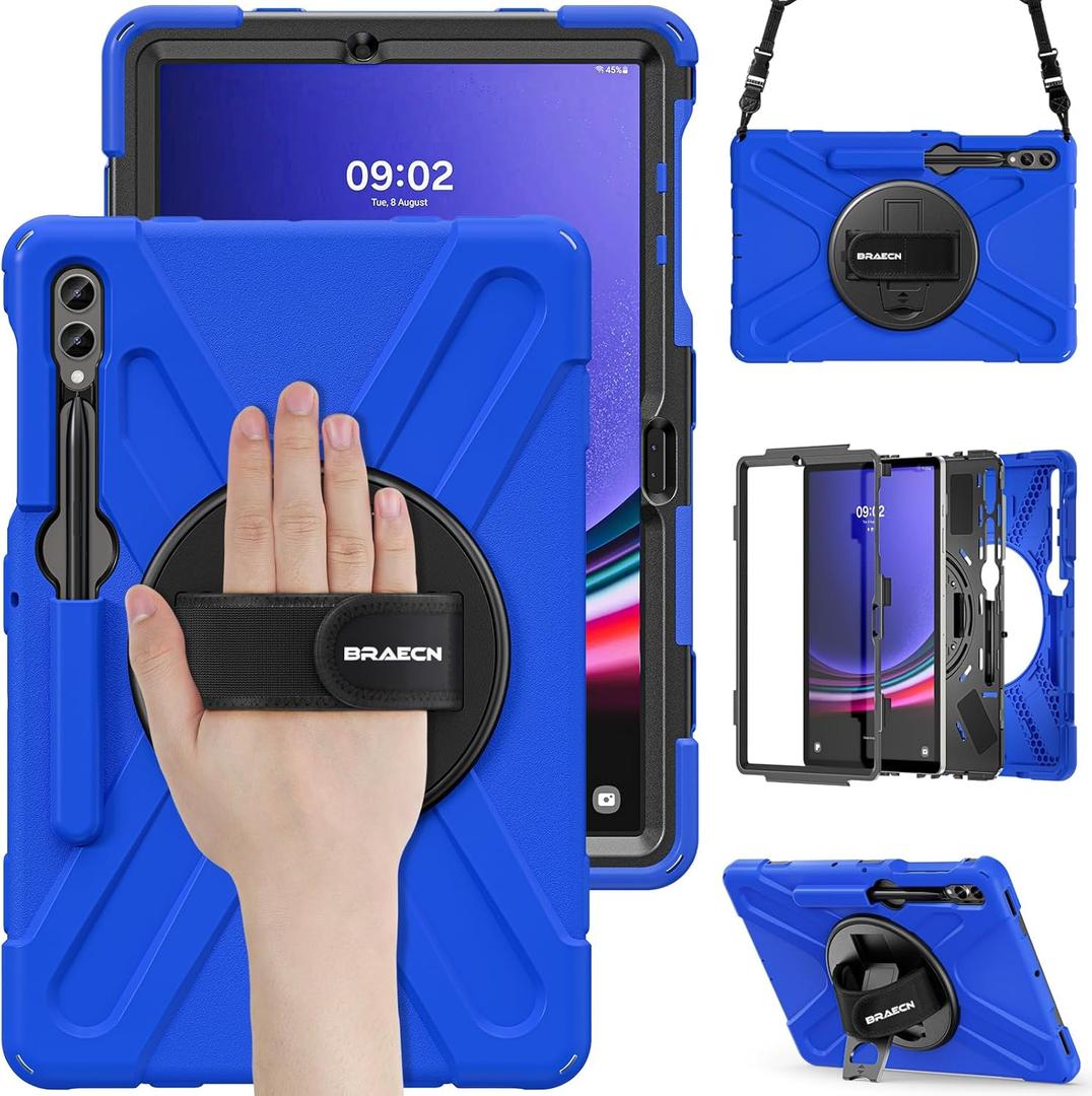 BRAECN for Galaxy Tab S10+Plus/ S9+/S9 FE+/S8+12.4 Inch Case,Heavy Duty Tablet Case with 360 Rotating Stand &Hand Strap, Built-in S Pen Holder, Shoulder Strap for Samsung Galaxy Tab S9 Plus -Blue