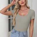 Women's Short Sleeve Tops Casual Scoop Neck Ribbed Knit Slim Fitted Basic Tee Shirts 2025 Summer Trendy Outfits (Large)