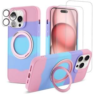 DUEEFA 360° Rotatable Magnetic Ring Stand for iPhone 15 Pro Max case Compatible with MagSafe,with [2xScreen Protector+1xLens Protectors] Shockproof Silicone Slim Phone Case 6.7 inch (Colorful Pink) 2 PACK