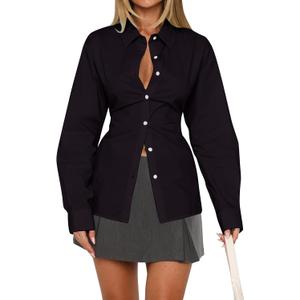 MISSACTIVER Women's Lapel Collar Button Down Shirt Cinch Waist Long Sleeve Casual Work Dressy Tunics Blouse Corset Tops, M