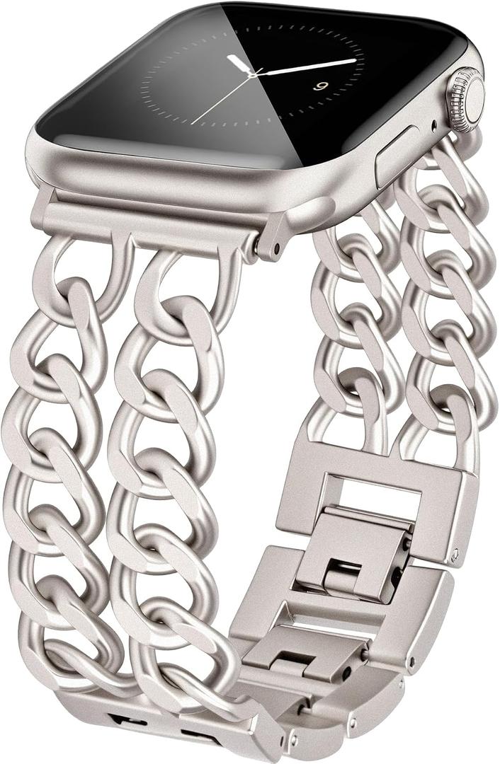JR.DM Starlight Watch Bands for Women Compatible with Apple Watch 38mm 40mm 41mm 42mm (S10/11) Adjustable Metal Cowboy Steel Chain Bracelet for iWatch Series1/2/3/4/5/6/7/8/9/10/11 SE 3/2/1 (No Case)