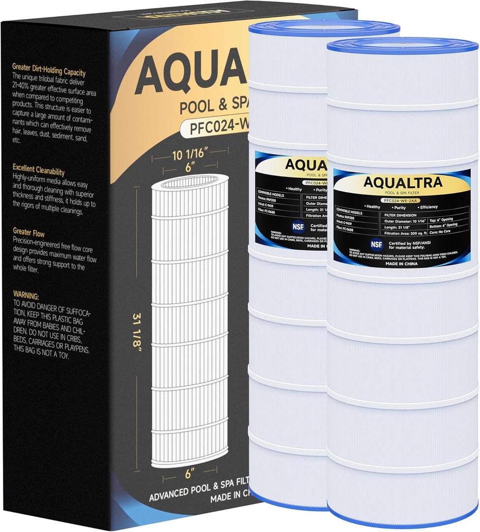 AQUALTRA Pool Filter Compatible with CC200, C-9419, PAP200, R173217, FC-0688, 200 sq. ft., 31 1/8" x 10 1/16" Pack of 2
