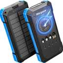 Solar Charger Power Bank, 49800mAh Wireless Portable Phone Charger, 15W QC3.0 Fast Charging External Battery Pack with 4 Built-in Cables, USB-C in/Output, with Dual Flashlights for Outdoor (Blue)