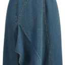 MakeMeChic Women's High Split Tube Denim Dress Sleeveless Ruffle Trim Midi A Line Dress (Blue, M)