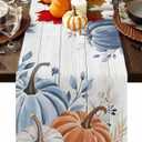 Fall Table Runner Blue Pumpkin Table Runners for Dining Room Leaves Floral Wood Grain Dinner Runner Thanksgiving Kitchen Decor 13" x 72"