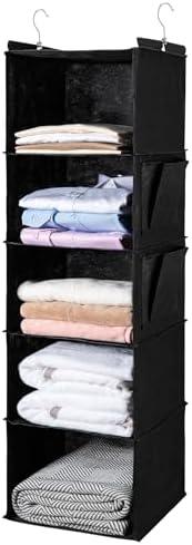 BOOMIBOO Hanging Closet Organize and Shelves，5-Hanging Shelf with 2 Side Pockets，Storage Foldable （Black）