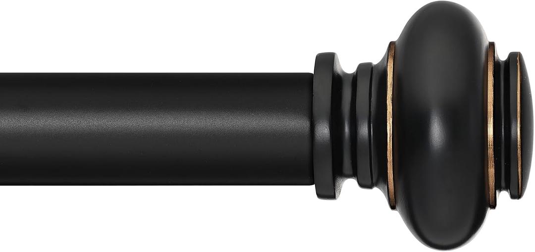 Black Curtain Rods for Windows 66 to 120 Inches Adjustable Decorative 1 Inch Diameter Single Window Curtain Rod Set with Classic Finials, Black with Gold Finishing